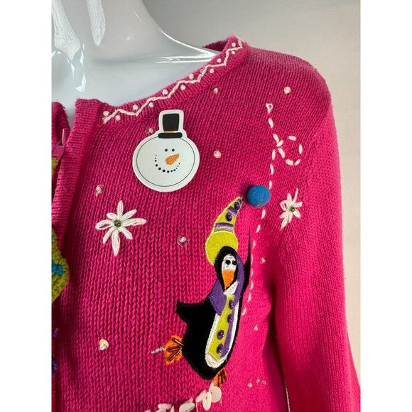 Heirloom Collectibles Petite Lg XMas Penguin Zip Cardigan Sweater Pink Cotton Bl - Picture 11 of 16